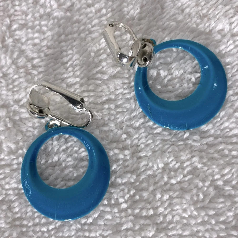 Vintage Blue Painted Metal Small Hoop Clip On Earrings